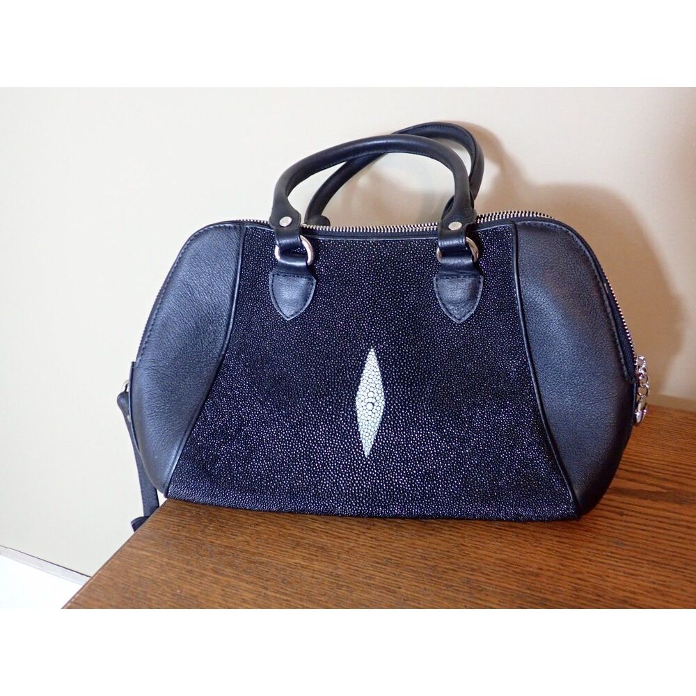 Rota Black Stingray Skin Satchel Bag White Diamond Eye Top-Handle Purse
